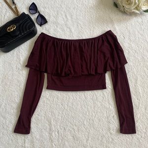 Forever21 Burgundy Wine Off Shoulder Flounce Top size Small